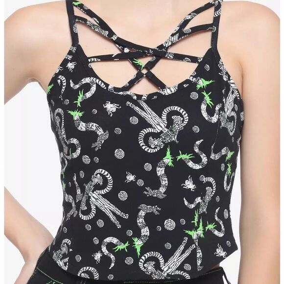 SZ XS Hot Topic Beetlejuice Strappy Crop Top with Pattern Strip Design - Picture 1 of 4